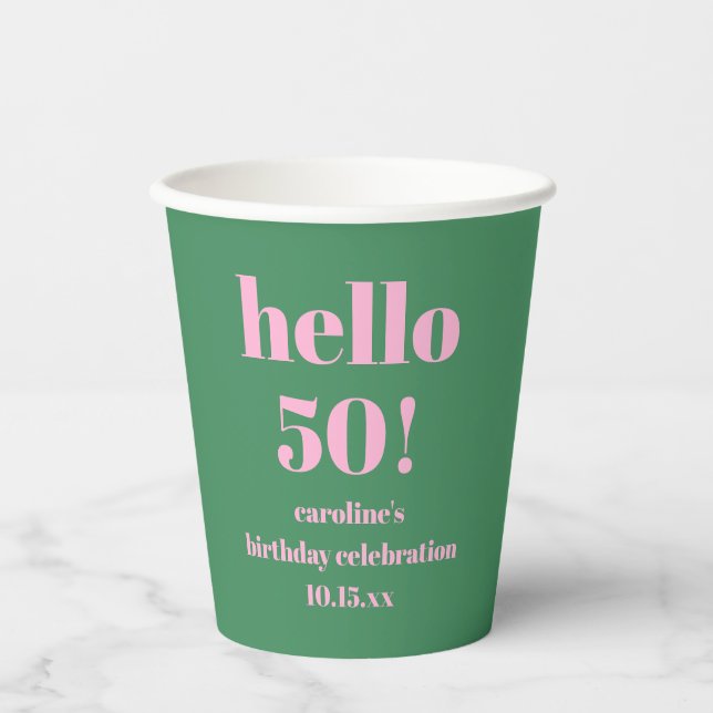 Vasos De Papel Modern Bold Pink Green 50th Birthday Custom (Anverso)