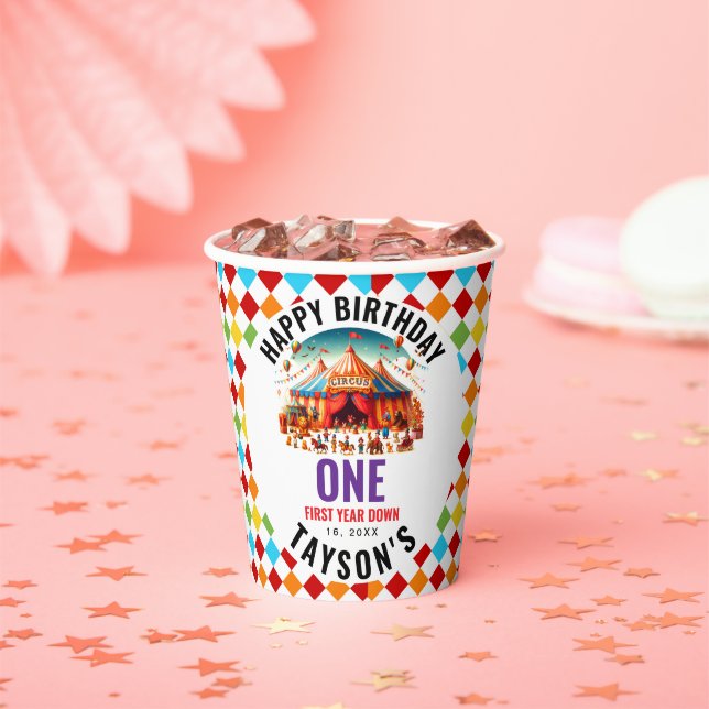 Vasos De Papel Modern Cute Circus Carnival 1st Birthday  (in situ)