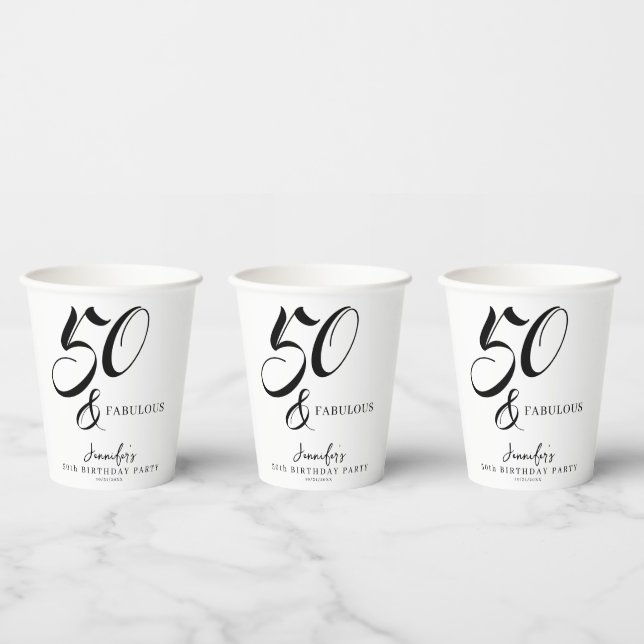 Vasos De Papel Modern Elegant Black White Fifty Fabulous Birthday (Multi)