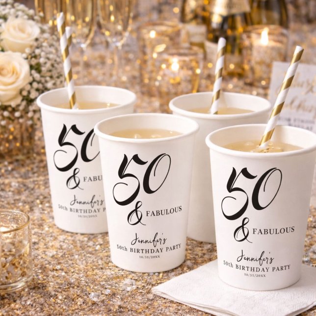Vasos De Papel Modern Elegant Black White Fifty Fabulous Birthday (Subido por el creador)