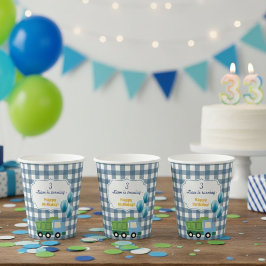 Vasos De Papel Modern Gingham Blue Construction 3rd Birthday