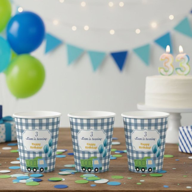 Vasos De Papel Modern Gingham Blue Construction 3rd Birthday  (Subido por el creador)