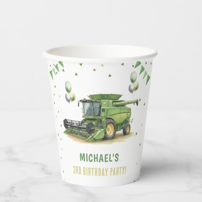 Vasos De Papel Modern Green Farm Tractor 3rd Birthday (Anverso)