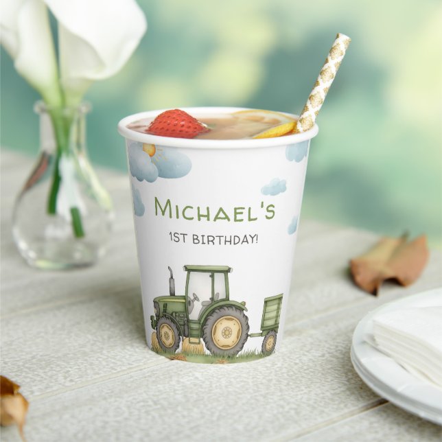 Vasos De Papel Modern Green Tractor 1st Birthday Party (in situ)
