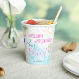 Vasos De Papel Modern Neon Glow Watercolor Pool Party Birthday