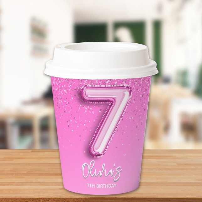 Vasos De Papel Modern Pink Balloon 7th Birthday for Girl (Subido por el creador)