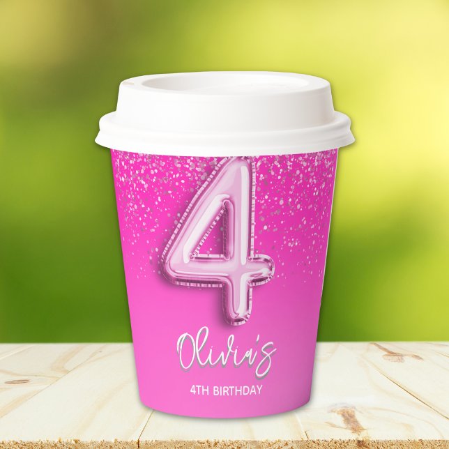 Vasos De Papel Modern Pink Glitter Balloon 4th Birthday Party  (Subido por el creador)