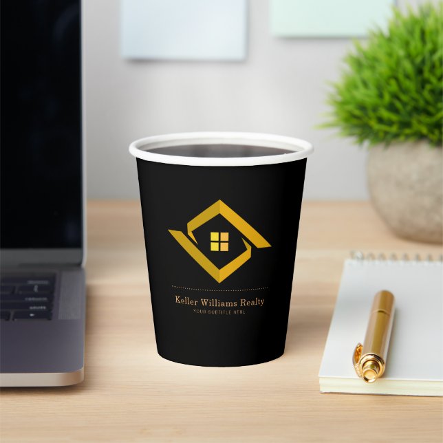 Vasos De Papel Modern Real Estate Black and gold custom logo  (in situ)