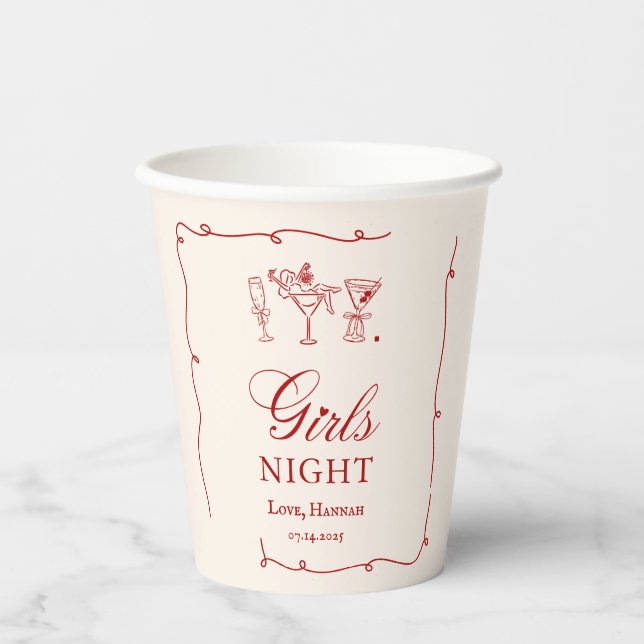 Vasos De Papel Modern Red Girls Night Dinner Party (Anverso)