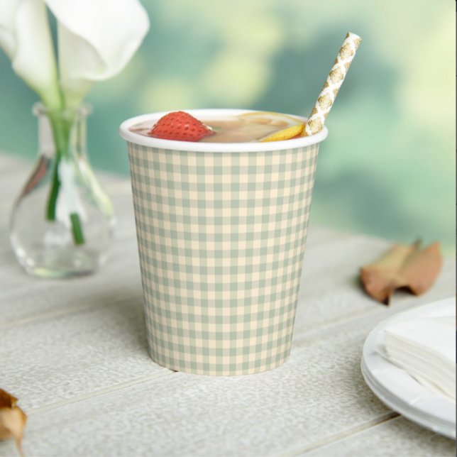 Vasos De Papel Modern Sage Green Gingham Baby Shower  (Gingham Baby Shower Paper Cup)