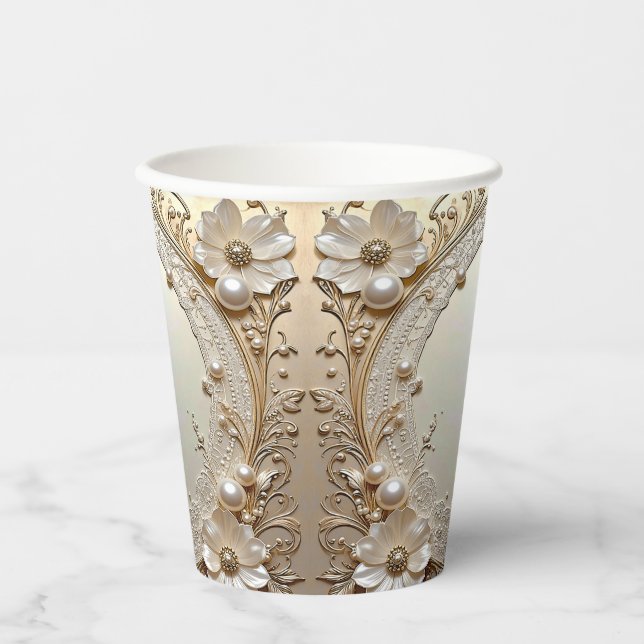 Vasos De Papel Modern White Flowers Pearls Paper Cups (Anverso)