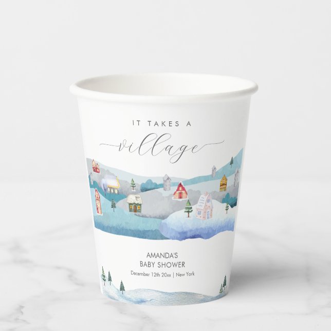 Vasos De Papel Modern Winter Snow It Takes A Village Baby Shower  (Anverso)