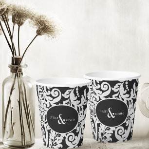Vasos De Papel Moderna Boda de Damasco floral elegante en blanco
