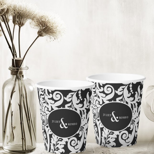 Vasos De Papel Moderna Boda de Damasco floral elegante en blanco  (elegant black and white paper cups for wedding)