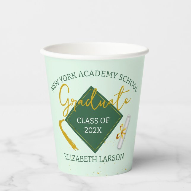 Vasos De Papel Moderna y elegante Graduación temática verde (Anverso)