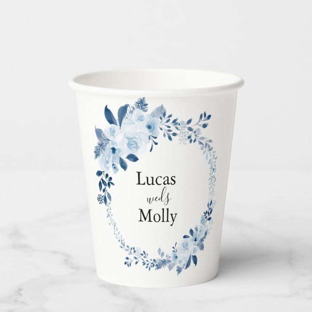 Vasos De Papel Moderno Blue French Floral Boda taza de papel (Reverso )