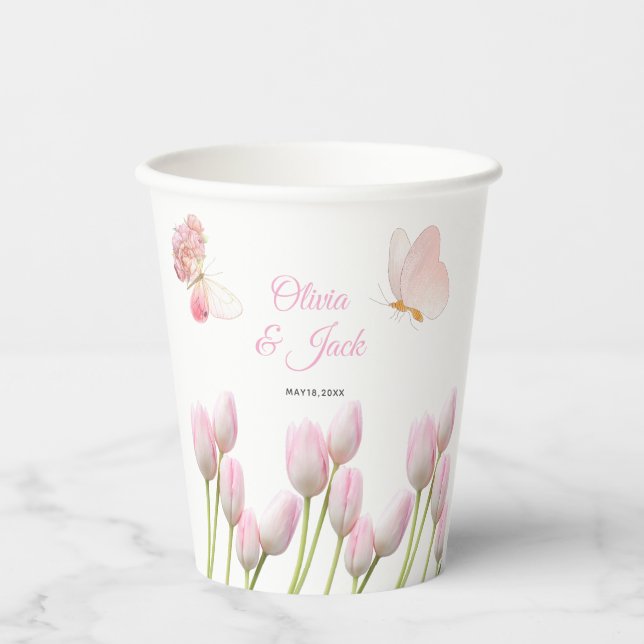 Vasos De Papel Moderno Boda de verano floral y mariposa rosa suav