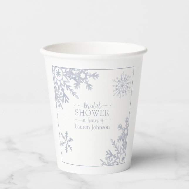 Vasos De Papel Moderno Dusty Blue Snowflake Winter Bridal Shower (Anverso)