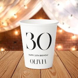 Vasos De Papel Moderno Minimalista Negro y Blanco 30 cumpleaños