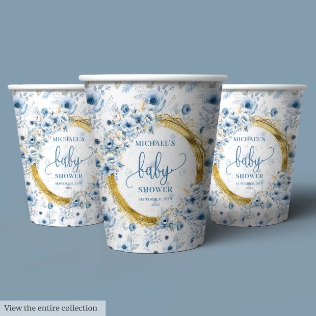 Vasos De Papel Moderno polvoriento azul boho acuarela flores oro (Modern dusty blue boho watercolor flowers gold Paper Cups)
