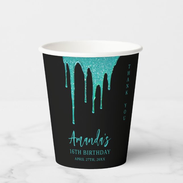 Vasos De Papel Moderno Purpurina Verde azulado gotea dulce 16 cum (Anverso)