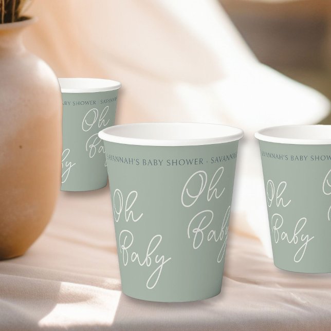 Vasos De Papel Moderno simple Oh guión bebé Sage Green Shower (Oh Baby paper cups from my Tricolor Baby Shower Collection)