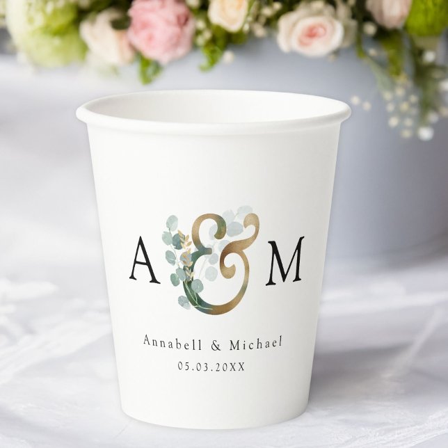 Vasos De Papel Moderno y elegante Eucalyptus Ampersand Boda (Modern, elegant eucalyptus ampersand wedding paper cups with your names and date.)