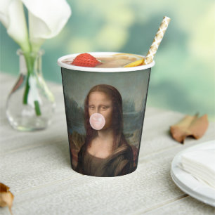 Vasos De Papel Mona Lisa soplando chicle rosa