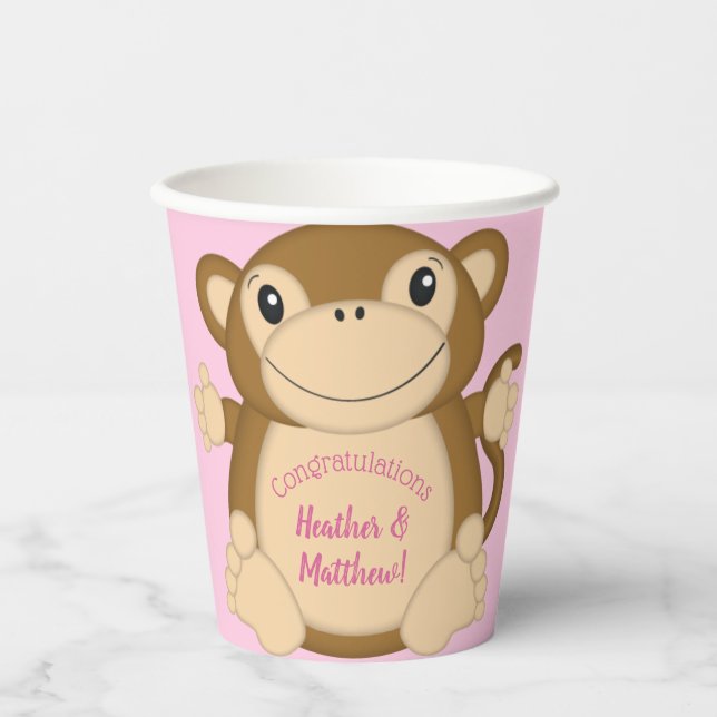 Vasos De Papel Monkey Baby Shower Pink (Anverso)