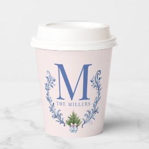 Vasos De Papel Monograma azul Escudo con árbol de Navidad