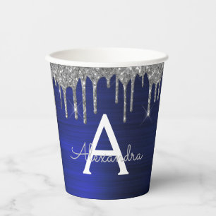 Vasos De Papel Monograma azul marino con brillo y destellos de pl