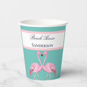 Vasos De Papel Monograma Beach House Flamingos Verde azulados azu