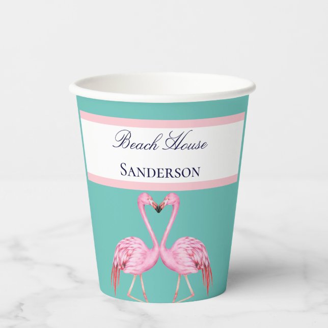 Vasos De Papel Monograma Beach House Flamingos Verde azulados azu (Anverso)