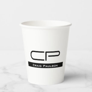 Vasos De Papel Monograma blanco negro Nombre moderno sencillo
