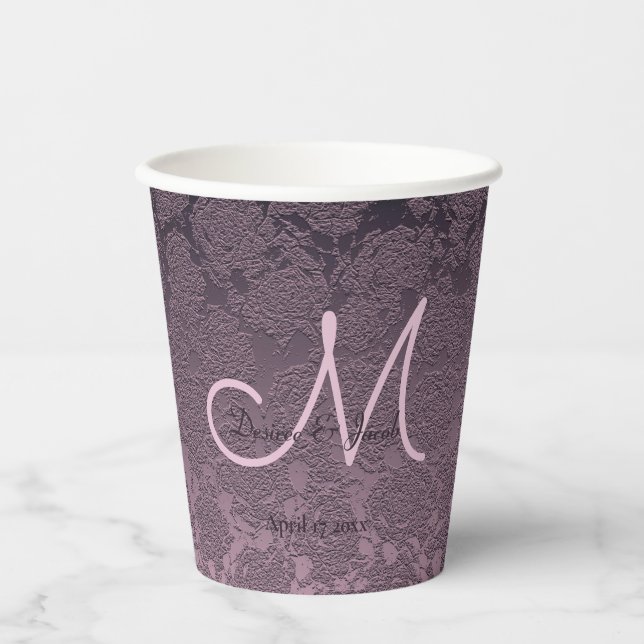 Vasos De Papel Monograma Boda elegante morado de lavanda malva (Anverso)