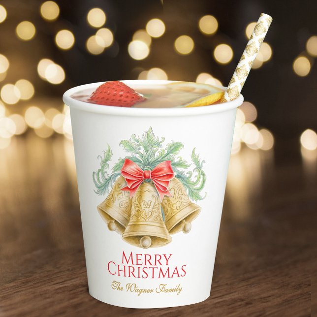 Vasos De Papel Monograma campanas doradas Navidades del arco rojo (Subido por el creador)