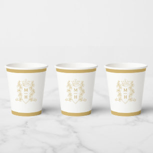 Vasos De Papel Monograma corona de corazón boda de oro blanco