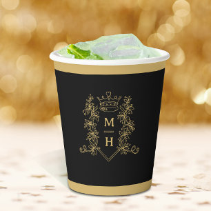 Vasos De Papel Monograma corona de corazón boda de oro negro