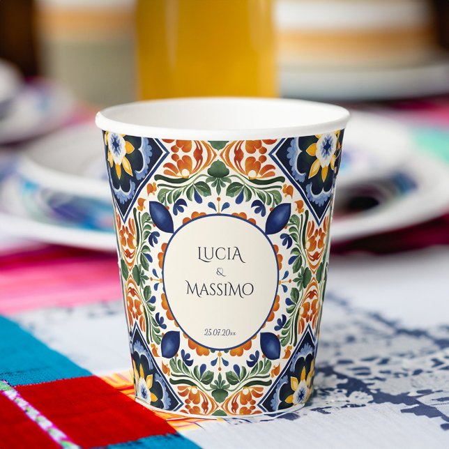 Vasos De Papel Monograma de boda mexicano de la época de Talavera (Talavera vintage Mexican wedding monogram personalized printed Paper Cups table decor)