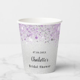 Vasos De Papel Monograma de brillo plateado y púrpura para ducha 