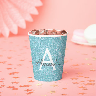 Vasos De Papel Monograma de brillo y destellos azul aqua teal