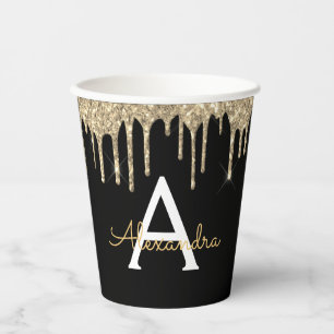 Vasos De Papel Monograma de brillo y destellos de oro de lujo