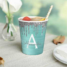 Vasos De Papel Monograma de brillo y destellos de plata y azul ac