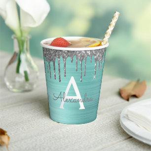 Vasos De Papel Monograma de brillo y destellos de plata y azul ac