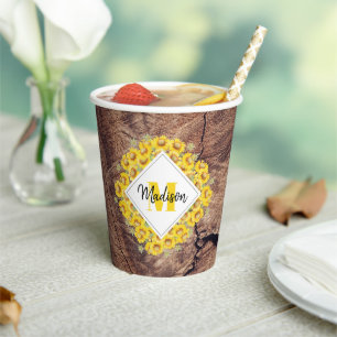 Vasos De Papel Monograma de girasoles y madera rústica