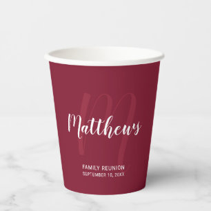 Vasos De Papel Monograma de guión personalizado y nombre rojo bor