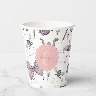 Vasos De Papel Monograma de insectos blancos y rosados