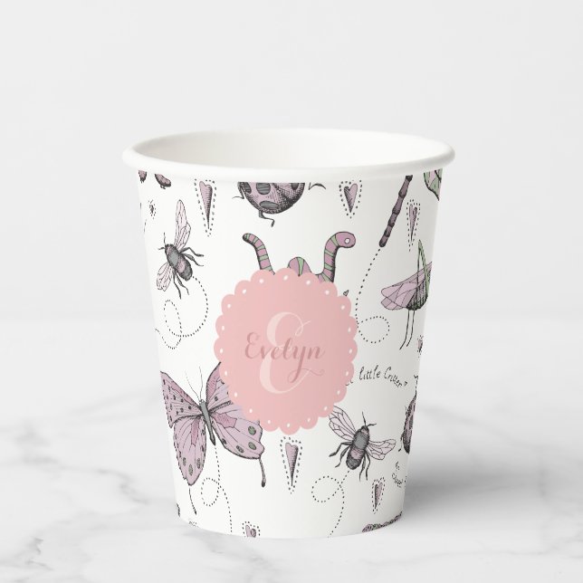 Vasos De Papel Monograma de insectos blancos y rosados (Anverso)