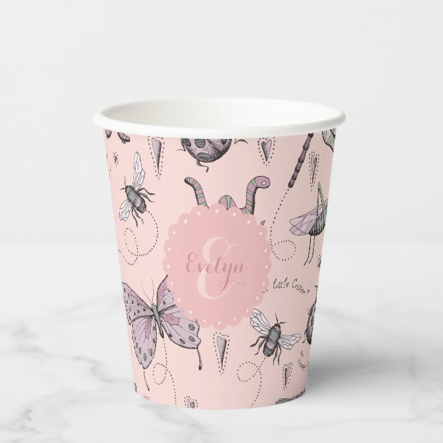Vasos De Papel Monograma de insectos rosados de Rubor (Anverso)