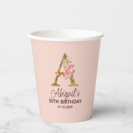 Vasos De Papel Monograma de letra A dorada con rosas rosadas
